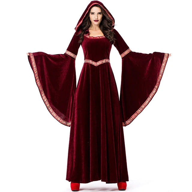 Umorden Fantasia Family Medieval Sorceress Pagan Witch Costumes Women Girls Halloween Purim Carnival Gothic Velvet Hooded Dress