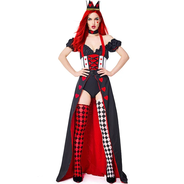 COLDKER Halloween Costume For Women Alice Queen Of Hearts Cosplay Fancy Sexy Dress For Ladies With Socks