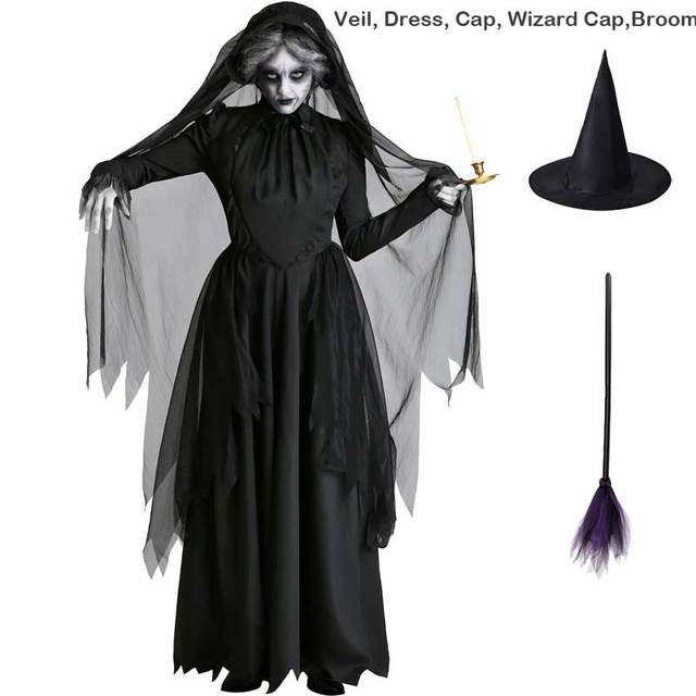 Women Witchcraft Cosplay Witch Dress Headwear Cap Clothes Scary Zombie Vampire Halloween Costume