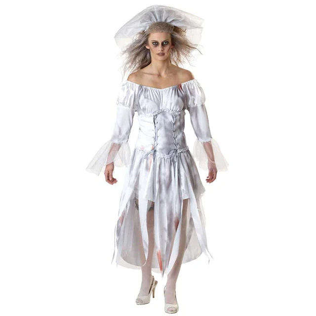Halloween Costumes for Women Ghost Bride Cosplay Lace Head Veil Set Vampire Wedding Dress Party White Demon Hell Goddess Dress