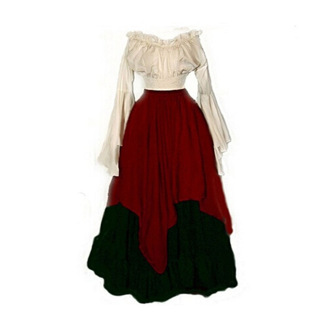 Renaissance Mediaeval Dress Women Ruffle Vintage Gothic Irregular Splicing Dresses Victorian High Waist Fashion Cosplay Costume