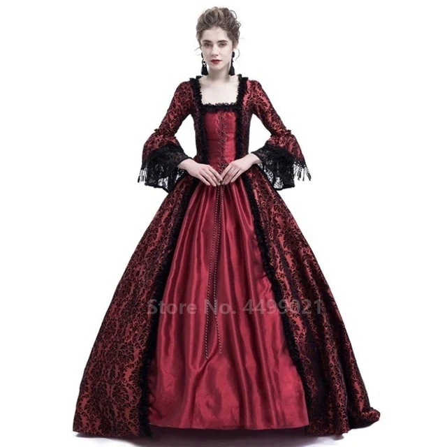 Halloween Women Victorian Medieval Queen Cosplay Costume Masquerade Vitch Vampire Black Gothic Lace Stitching Long Court Dress