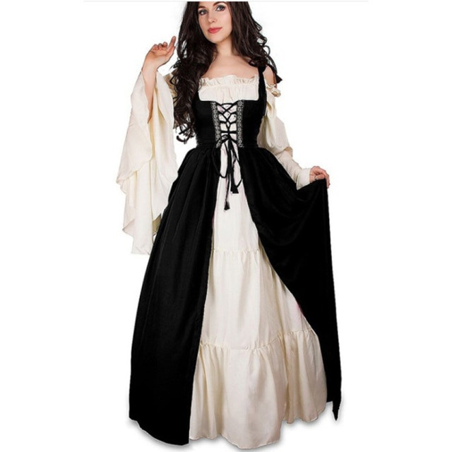 Halloween Women European Medieval Court Fancy Vampire Cosplay Costume Carnival Vintage Strapless Long Sleeve Queen Elegant Dress