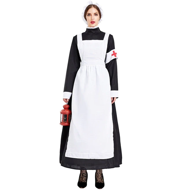 Florence Nightingale Costume Historic Victorian War Nurse Maid Dress Women Long Dress with Apron Halloween Cosplay Costume