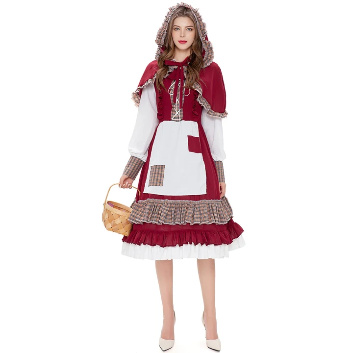 Women's Classic Red Maid Dress Maid Outfit Long Dress with Apron Halloween Cosplay Costume Little Red Ridinghood Lolita Dress
