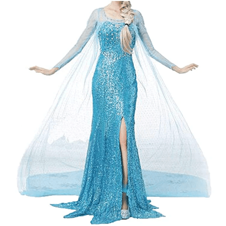 Frozen Elsa Princess Long Dress Sequin Mesh Elsa Costume Adult Snow Queen Costume Party Dress Halloween Carnival Cosplay Costume