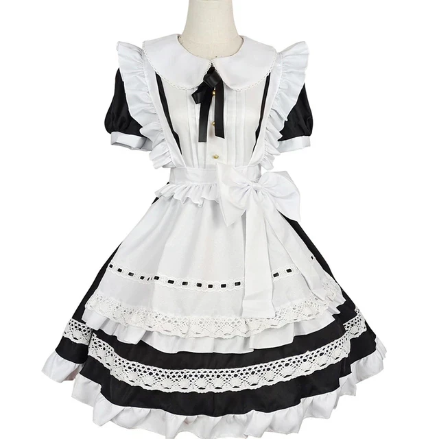 Plus Size Women Maid Outfit Set Sweet Ruffled Bow Lolita Dress Retro Palace Servant Uniform Cosplay Japanese Anime Cute Dress