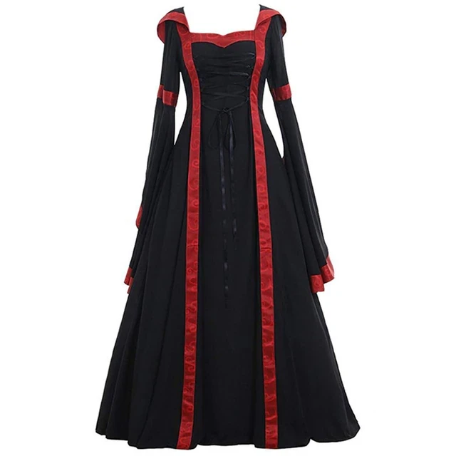 Halloween Cosplay Costume Vintage Hooded Dress Square Neck Tie Flare Sleeves Skirt Medieval Renaissance Evening Party Uniform