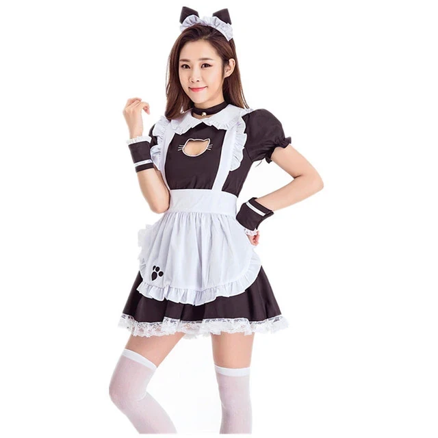 PLUS SIZE Maid Uniform Sexy Bust Open Cosplay Maid Outfit Apron Lace Temptation Women Mini Dress Anime Black White Lolita Dress