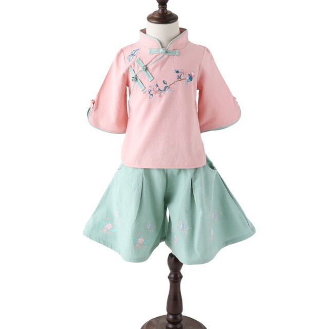 Girls Qipao Dress Childrens Hanfu Baby Girl Tang Princess Skirt 2Pcs Little Girl Clothing Ethnic Style Plate Button Cheongsam
