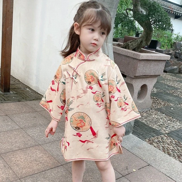 2022 Chinese Traditional Clothing Suitable for 3-8 Years Old Girl Dress Cheongsam Crane Embroidery Ancient Costume Girl Hanfu