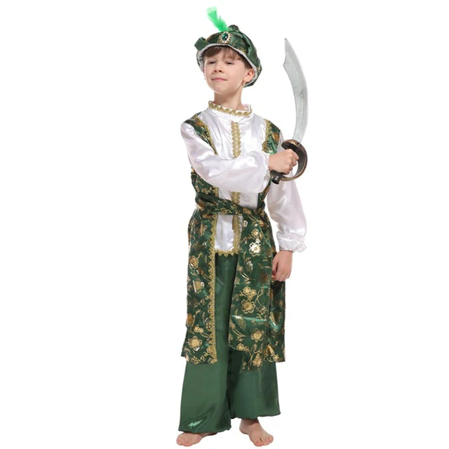 Halloween Christmas Cosplay Boys Green Indian Arab Aladdin Prince Cosplay Stage Performance Warrior Masquerade Party Costume