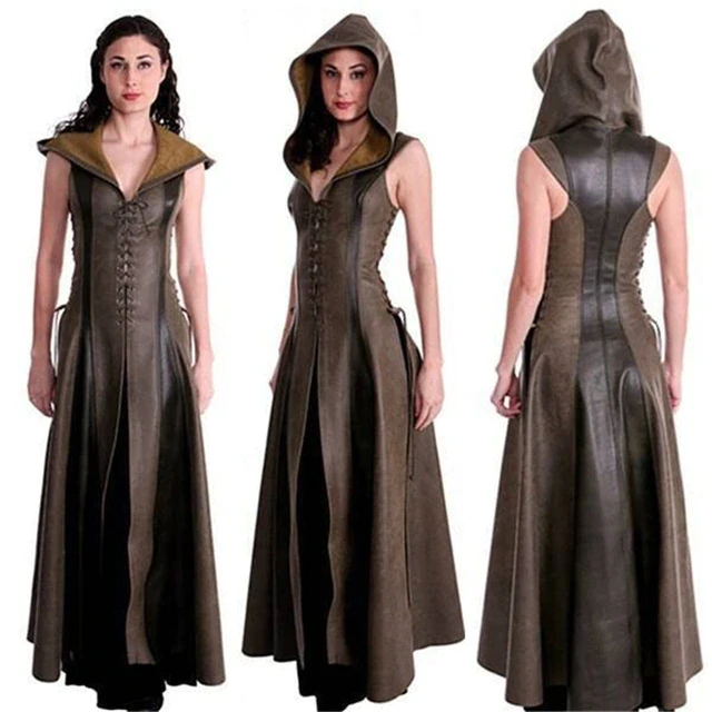 Medieval Cosplay Fashion Women Anime Viking Renaissance Hooded Archer Costume Leather Long Dress Sleeveless Masquerade 2022 New