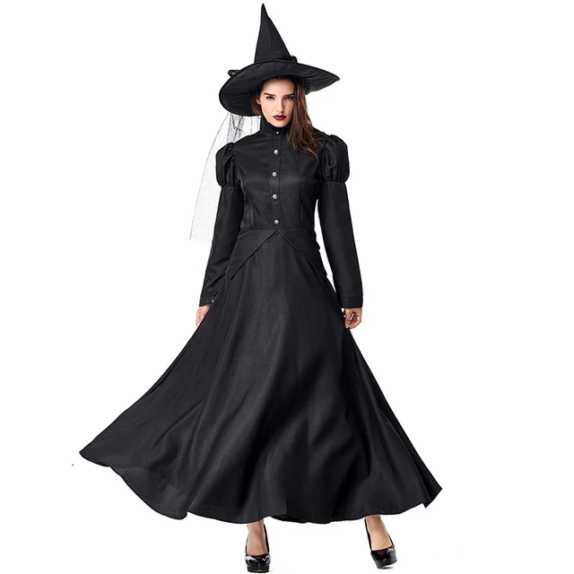 Evil Witch Halloween Costume for Girls Women Black Magic Gown Dress with Hat Kids Adult Cosplay Carnival Party Fancy Dresses