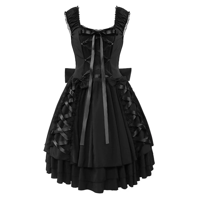 Medieval Fashion Halloween Cosplay Dress Lace Collar Women's Classic Black Layered Lace Up Goth Lolita Gothic Maid Dress