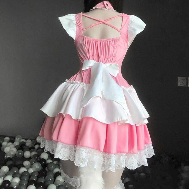 Women Cosplay Maid Outfit Costume Sweet Lovely Pink Lace Lolita Dress Student Uniform Kawaii Sexy Performance Babydoll Dress Set