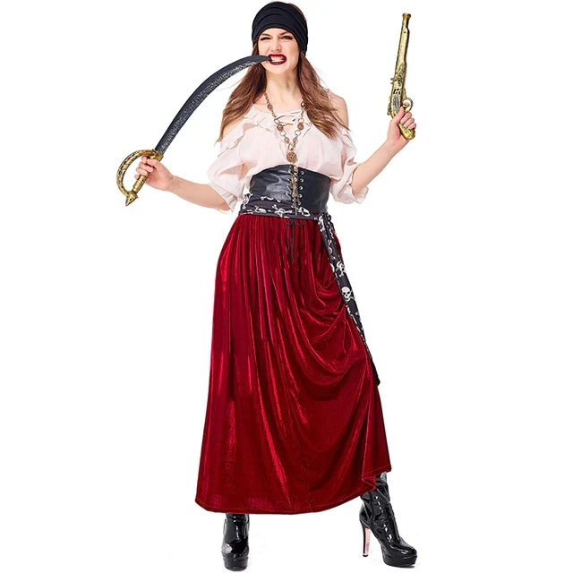 Adult Pirate Maiden Costume Halloween Costumes for Women Sexy Buccaneer Cosplay Queen of The High Seas Dress and Headband Set