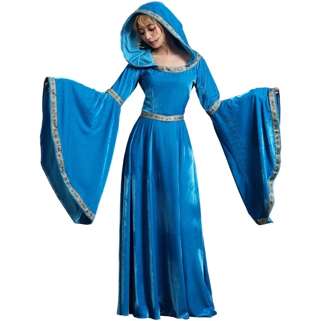 Lady Halloween Cosplay Costume European Medieval Retro Court Princress Long Dress Velvet Hooded Cape Robe Adult Kids Witch Dress