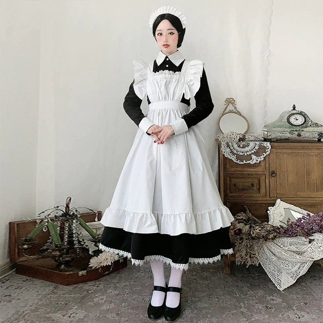 Anime Maid Outfit Plus Size Women Long Dress French Court Maid Dress with Apron Lovely Ruffled Lolita Dresses Cosplay Costume
