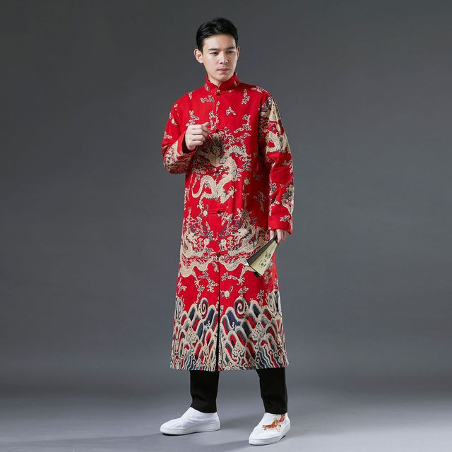 Chinese Style Retro Button Robe Gown Men Print Dragon Cotton Linen Tang Tops Casual Mandarin Collar Shirt Harajuku Kimono Coat