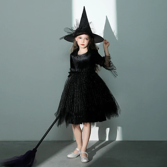 Girl Halloween Masquerade Prom Dress Girl Cosplay Black Witch Costume With Cap Children's Birthday Party Princess Dress Kid Gift