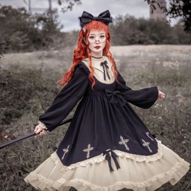 Op Doll Collar Lolita Dresses Halloween Black Gothic Rose Dress Starry Night Cross Women Skirt Bow Diablo Series Cosplay Costume