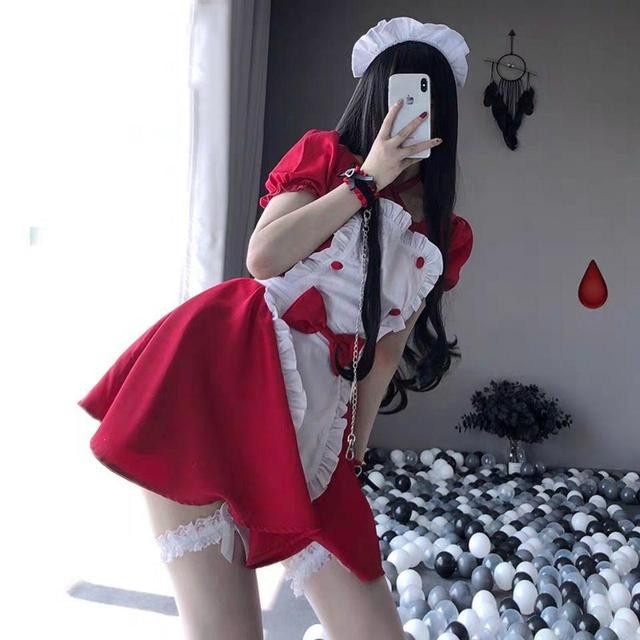 Sexy Sweet Red Lolita Dress Maid Costume Set Anime Cosplay Maid Uniform Plus Halloween Costumes For Women Babydoll Dress