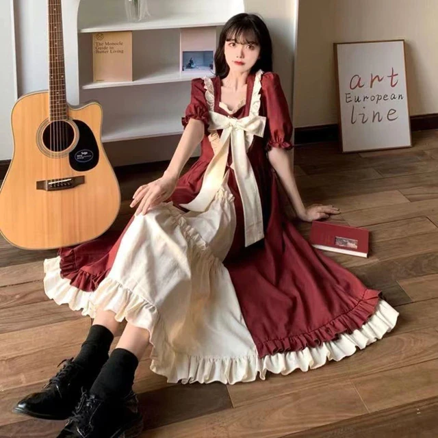 Lolita Dress College Cosplay XXL Bow Strap Dress Girly 2022 Japanese New Puff Sleeve Dress Red Square Neck JSK Long Skirt