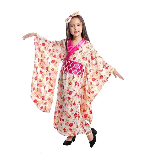 Japanese Kimono Traditional Clothing For Girls Carnival Performance Show Ao Dai Yukuta Pink Vintage Dance Floral Dress