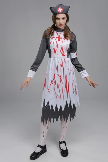 Halloween Female Nurse Cosplay Cross Blood Print Skirt Hat Suit Horror Adult Party Ghost Festival Costumes Scary Doctor Dress