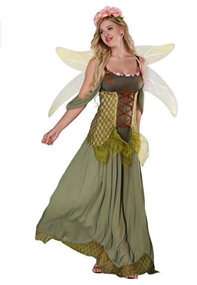 Women Forest Princess Dress Adult Halloween Fairy Tale Godmother Costumes Include Wing