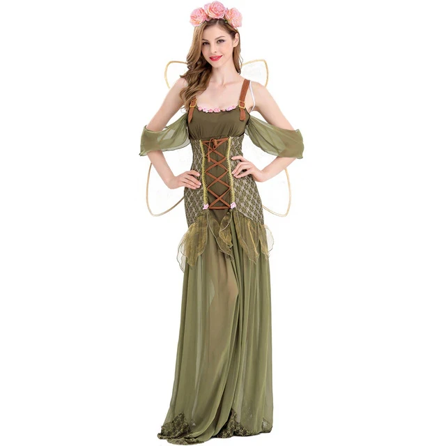 Halloween Adult Ladies Tinker Bell Elf Fantasy Fancy Dress Fairy Tale Flower Fairy Cosplay Costume Green Long Dress With Wings