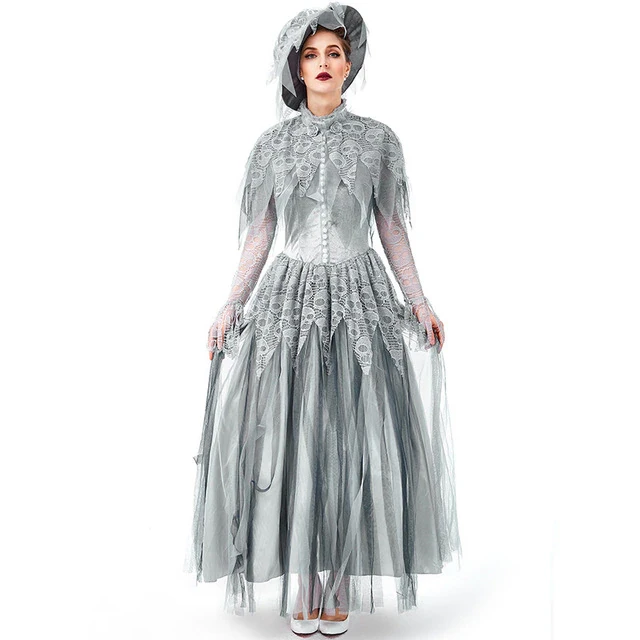 Day of The Dead Graveyard Ghost Bride Costume Halloween Gray Skeleton Spooky Maid Fantasia Fancy Dress