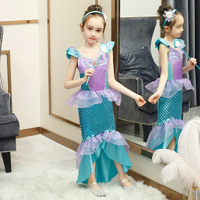 2022 New Little Girl Princess Cosplay Dress Summer Carnival Party Sequin Fancy Dress Girls Christmas Carnival Fishtail Skirt
