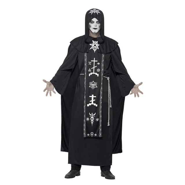 Halloween Costumes for Men Adult Women Cosplay Medieval Costume Black Robe with Cape Carnival Party Outfits Set Couple Clothes
