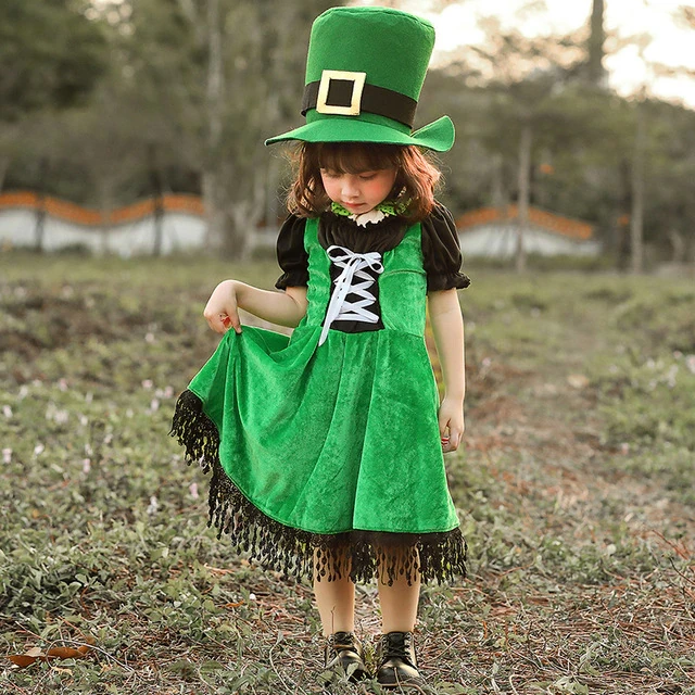Irish Folk Dance Dress St Patrick Day Elf Leprechaun Costume Kid Girls Green Carnival Festival Outfit Fringe For Infant Toddler