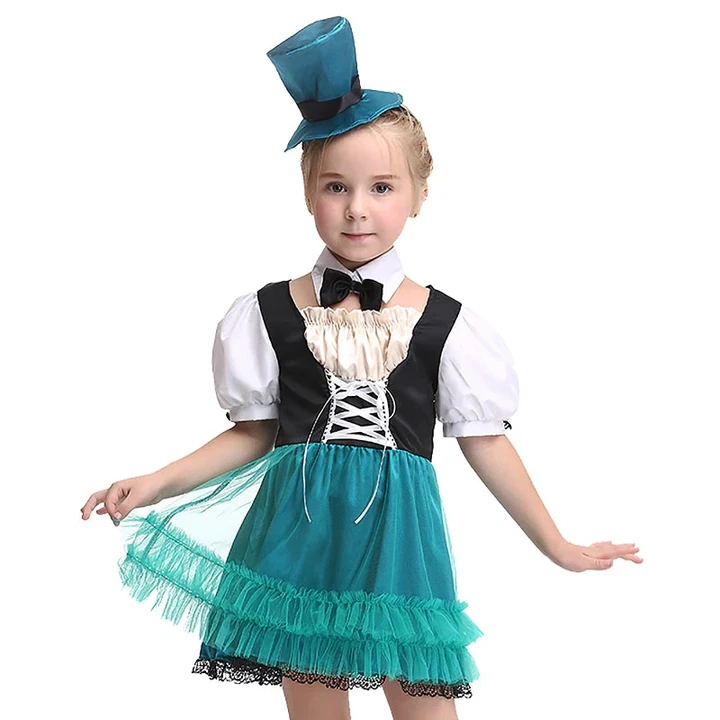 Kid Girls Halloween Alice Mad Hatter Magician Costume Irish Elf Girls Fancy Cute Mesh Dress St Patricks Day Outfit For Child