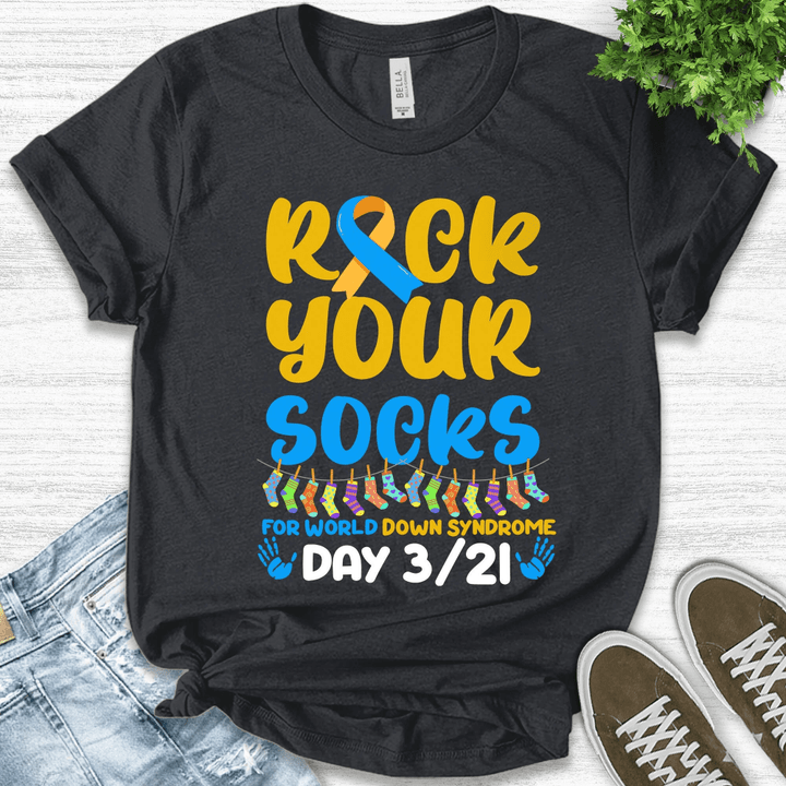 Yellow Blue Ribbon Down Syndrome Custom Shirt, Rock Your Socks for World Down Syndrome Awareness Day Shirt B-09022306