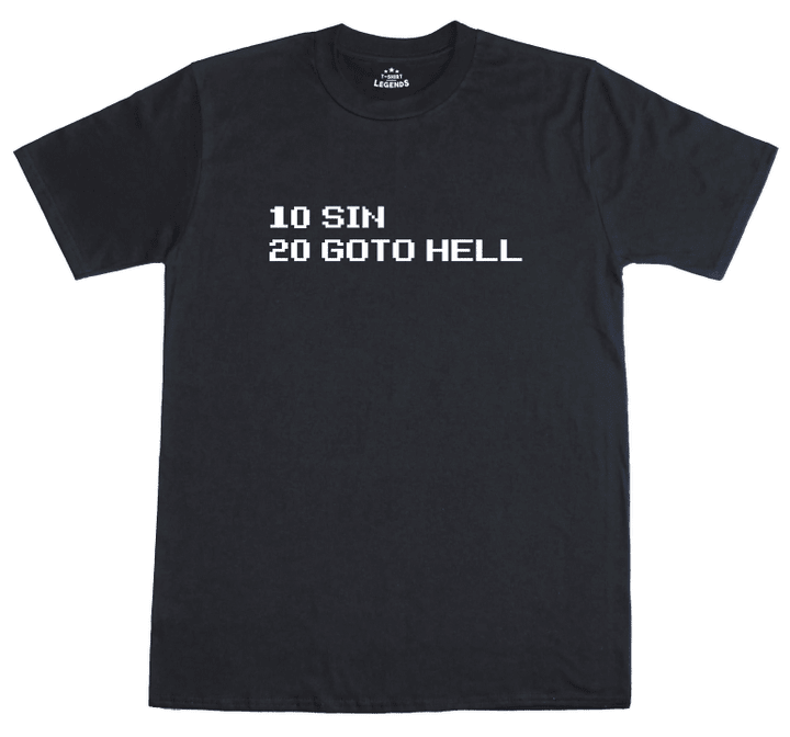 10 SIN 20 GOTO HELL Computer Basic Code Retro Funny Men's Black T Shirt
