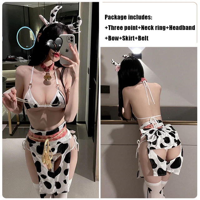OJBK Kawaii Cow Maid Cosplay Japanese Anime Halter Mini Apron Outfit Cute Milk Bikini Lingerie Set For Women Animal Cow Costume