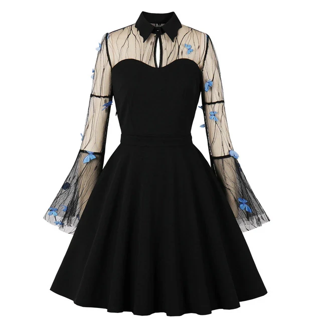 Plus Size Women's Halloween Black Queen Net Yarn Flared Sleeve Stitching Retro Dress, Gothic Dress, Victorian Dress S-4XL