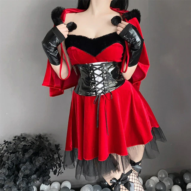 Sexy Costume for Women Christmas Cosplay Dress for Party Lingerie Shawl Skirt Suit with Headwear and Sleeves Hooded Cape