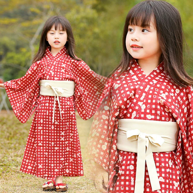Parent-children Kimono Dress Japanese Traditional Style Long Robe Yukata Loose Pajamas Red Plaid Floral Printed Kimono Costumes