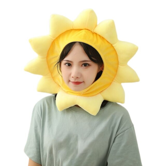 Kawaii Cartoon Yellow Sunflower Plush Hat Funny Stuffed Toys Headgear Warm Beanie Earflap Cap Cosplay Party Props