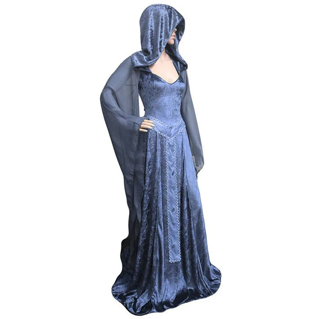 Halloween Cos Forest Elf Fairy Elven Costume Maxi Train Dress Adult Women Celtic Princess Pagan Witch Wedding Hooded Gown Robe