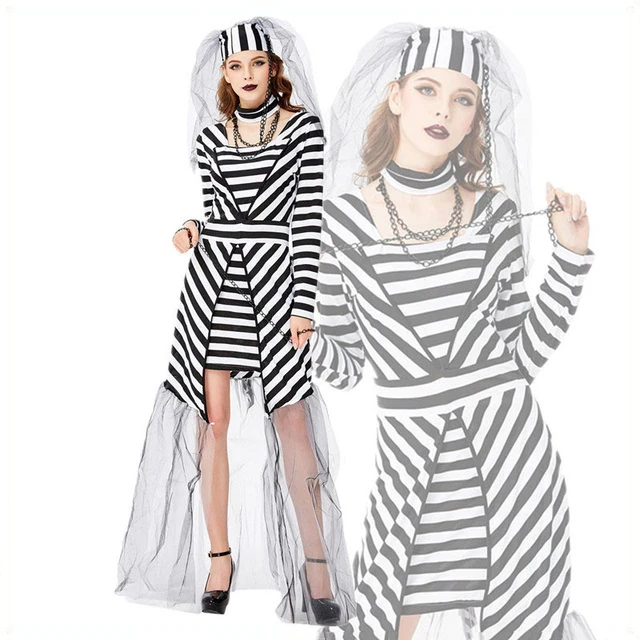 New Black And White Stripe Prisoner Bride Costume For Halloween Stage Performance Women Cosplay Veil Bride Dress