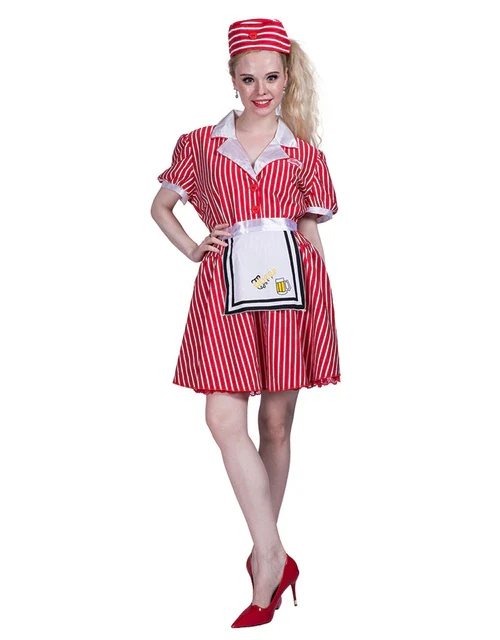Professional Service Restaurant Maid Overalls Dress Uniform Halloween Red Streak Costume For Women Cosplay Dress