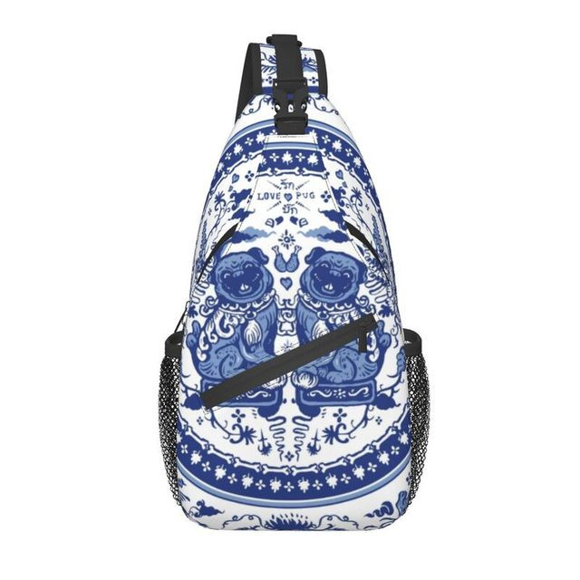 Pugs In Chinese Porcelain Sling Bag for Cycling Camping Oriental Chinoiserie Pattern Crossbody Chest Backpack Shoulder Daypack