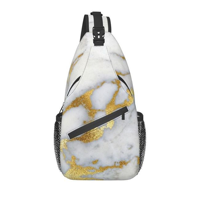 Gold Sparkle Veined Marble Crossbody Sling Backpack Men Abstract Geometric Graphic Shoulder Chest Bag for Traveling Daypack