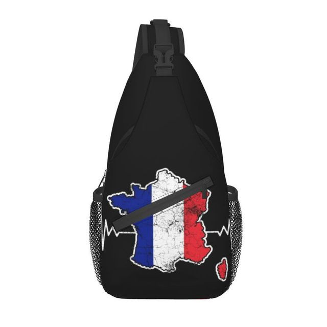 Casual Heartbeat France Flag Map Crossbody Sling Backpack Men French Proud Shoulder Chest Bags for Hiking